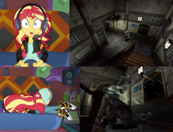 Size: 924x705 | Tagged: safe, edit, screencap, character:sunset shimmer, episode:game stream, g4, my little pony: equestria girls, my little pony:equestria girls, spoiler:eqg series (season 2), converse, face down ass up, female, gamer sunset, jill valentine, nemesis, resident evil, resident evil 3, shoes