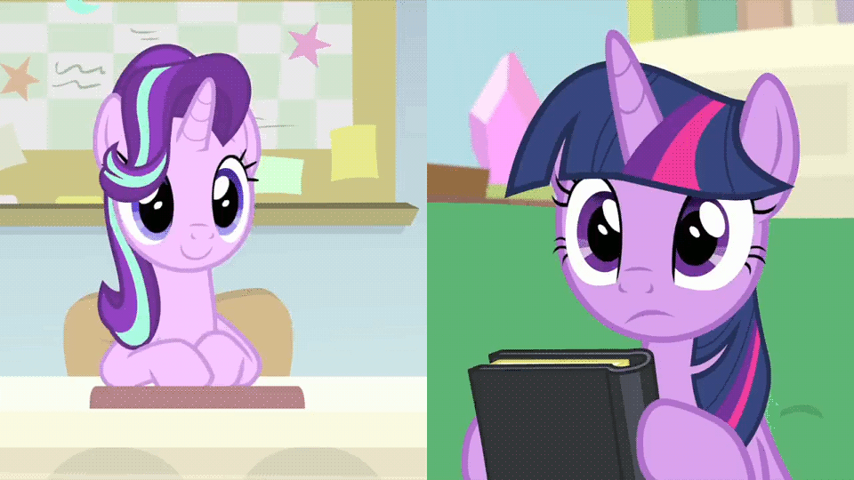 Size: 960x540 | Tagged: safe, edit, edited screencap, screencap, character:starlight glimmer, character:twilight sparkle, character:twilight sparkle (alicorn), species:alicorn, species:pony, species:unicorn, episode:starlight the hypnotist, spoiler:interseason shorts, animated, book, cropped, gif, hair flip, hair over one eye, nodding, starlight's office