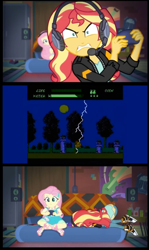 Size: 575x968 | Tagged: safe, edit, screencap, character:fluttershy, character:sunset shimmer, episode:game stream, g4, my little pony: equestria girls, my little pony:equestria girls, spoiler:eqg series (season 2), controller, converse, death, dr jekyll and mr hyde, face down ass up, frustrated, gamer, gamer sunset, gamershy, meme, nintendo entertainment system, psycho gamer sunset, rage, rage face, shimmercode, shoes, sunset shimmer frustrated at game