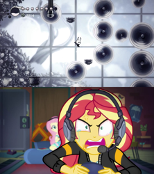 Size: 1279x1440 | Tagged: safe, edit, screencap, character:fluttershy, character:sunset shimmer, episode:game stream, g4, my little pony: equestria girls, my little pony:equestria girls, spoiler:eqg series (season 2), angry, bloodshot eyes, cross-popping veins, crying, female, frustrated, gamer sunset, hollow knight, meme, psycho gamer sunset, rage, rageset shimmer, shimmercode, shrunken pupils, sunset shimmer frustrated at game, teary eyes
