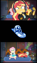 Size: 575x966 | Tagged: safe, edit, screencap, character:fluttershy, character:sunset shimmer, episode:game stream, g4, my little pony: equestria girls, my little pony:equestria girls, spoiler:eqg series (season 2), controller, converse, face down ass up, frustrated, game over, gamer, gamer sunset, gamershy, meme, nintendo entertainment system, psycho gamer sunset, rage, rage face, shimmercode, shoes, silver surfer, sunset shimmer frustrated at game