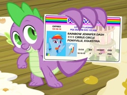 Size: 2048x1536 | Tagged: safe, edit, edited screencap, screencap, character:spike, species:dragon, episode:spike at your service, g4, my little pony: friendship is magic, exploitable meme, id card, male, new rainbow dash, spike card meme