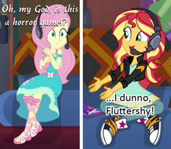 Size: 775x675 | Tagged: safe, edit, edited screencap, screencap, character:fluttershy, character:sunset shimmer, episode:game stream, g4, my little pony: equestria girls, my little pony:equestria girls, spoiler:doki doki literature club, spoiler:eqg series (season 2), spoilers for another series, arin hanson, converse, couch, dan avidan, doki doki literature club, egoraptor, game grumps, gamer sunset, grumpset shimmer, headset, microphone, not so grumpershy, scared, shoes, this will end in death, this will end in tears, this will end in tears and/or death