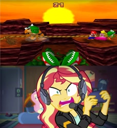 Size: 1920x2104 | Tagged: safe, edit, screencap, character:fluttershy, character:sunset shimmer, episode:game stream, g4, my little pony: equestria girls, my little pony:equestria girls, spoiler:eqg series (season 2), bowser, gamer sunset, luigi, mario, mario party, princess peach, psycho gamer sunset, rage, sunset shimmer frustrated at game, super mario bros., this will end in a broken tv, this will end in tears, yoshi