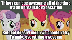 Size: 1920x1080 | Tagged: safe, edit, edited screencap, screencap, character:apple bloom, character:scootaloo, character:sweetie belle, species:pegasus, species:pony, episode:on your marks, g4, my little pony: friendship is magic, spoiler:the lego movie 2: the second part, spoilers for another series, adorabloom, caption, clubhouse, crusaders clubhouse, cute, cutealoo, cutie mark, cutie mark crusaders, diasweetes, discovery family logo, everything's not awesome, female, image macro, lego, singing, sitting, text, the cmc's cutie marks, the lego movie, the lego movie 2: the second part, trio, trio female