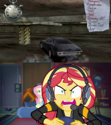 Size: 600x676 | Tagged: safe, edit, edited screencap, screencap, character:fluttershy, character:sunset shimmer, episode:game stream, g4, my little pony: equestria girls, my little pony:equestria girls, spoiler:eqg series (season 2), car, driver, driver (video game), john tanner, meme, psycho gamer sunset, sunset shimmer frustrated at game