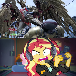 Size: 1280x1280 | Tagged: safe, edit, screencap, character:fluttershy, character:sunset shimmer, episode:game stream, g4, my little pony: equestria girls, my little pony:equestria girls, spoiler:eqg series (season 2), angry, gamer sunset, god of war, kratos, meme, psycho gamer sunset, rage, rageset shimmer, sigrun, sunset shimmer frustrated at game, valkyrie