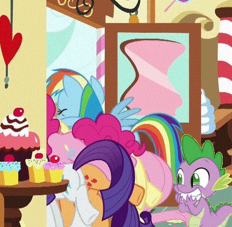 Size: 472x462 | Tagged: safe, edit, edited screencap, screencap, character:applejack, character:fluttershy, character:pinkie pie, character:rainbow dash, character:rarity, character:spike, species:dragon, species:earth pony, species:pegasus, species:pony, species:unicorn, episode:school daze, g4, my little pony: friendship is magic, animated, balloonbutt, bucking, butt, buttstuck, cropped, cupcake, dialogue, door, eyes on the prize, female, food, grin, hoofy-kicks, horses doing horse things, male, mare, out of context, plot, silly, silly pony, smiling, squee, stuck, sugarcube corner, tail, wat