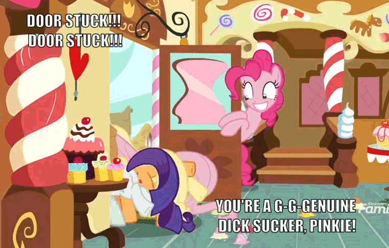 Size: 761x486 | Tagged: safe, edit, edited screencap, screencap, character:applejack, character:fluttershy, character:pinkie pie, character:rarity, species:earth pony, species:pegasus, species:pony, species:unicorn, episode:school daze, g4, my little pony: friendship is magic, animated, bucking, buttstuck, cupcake, dialogue, discovery family, discovery family logo, door, eyes on the prize, female, food, hoofy-kicks, horses doing horse things, mare, out of context, plot, stuck, sugarcube corner, text, vulgar