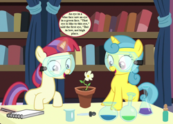 Size: 1008x720 | Tagged: safe, edit, edited screencap, screencap, character:lemon hearts, character:moondancer, species:pony, species:unicorn, episode:celestial advice, g4, my little pony: friendship is magic, beaker, book, bookshelf, cropped, curtains, cute, dancerbetes, dialogue, erlenmeyer flask, female, filly, filly lemon hearts, filly moondancer, flower, flower pot, lemonbetes, notepad, punctuation error, riddle, safety goggles, smiling, speech bubble, the hobbit, younger