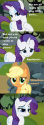 Size: 502x1427 | Tagged: safe, edit, screencap, character:applejack, character:rarity, species:earth pony, species:pony, ship:rarijack, episode:spike at your service, g4, my little pony: friendship is magic, caption, damsel in distress, female, implying, lesbian, lidded eyes, mare, out of context, shipping
