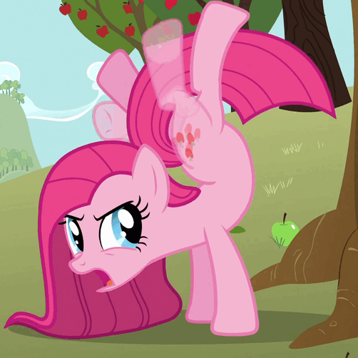 Size: 502x502 | Tagged: safe, edit, edited screencap, screencap, character:pinkamena diane pie, character:pinkie pie, species:earth pony, species:pony, episode:magical mystery cure, g4, my little pony: friendship is magic, animated, apple, apple tree, backbend, female, flexible, food, gif, hoofy-kicks, mare, season 3, solo, tree