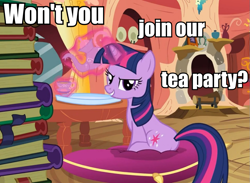 Size: 959x703 | Tagged: safe, edit, edited screencap, screencap, character:twilight sparkle, species:pony, species:unicorn, episode:spike at your service, g4, my little pony: friendship is magic, book, caption, female, image macro, impact font, mare, pillow, tea party