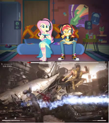 Size: 844x947 | Tagged: safe, edit, screencap, character:fluttershy, character:sunset shimmer, episode:game stream, g4, my little pony: equestria girls, my little pony:equestria girls, spoiler:eqg series (season 2), controller, converse, gamer sunset, gamershy, meme, mortal kombat, mortal kombat x, scorpion (mortal kombat), shoes, sneakers, sub-zero, sunset shimmer frustrated at game, sunset's apartment, video game