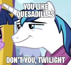 Size: 250x228 | Tagged: safe, edit, edited screencap, screencap, character:shining armor, character:twilight sparkle, character:twilight sparkle (alicorn), species:alicorn, species:pony, episode:best gift ever, g4, my little pony: friendship is magic, caption, exploitable meme, food, image macro, impact font, just one bite, meme, quesadilla, realization armor, reference, smug, spongebob squarepants, text, they're just so cheesy, you like krabby patties don't you squidward?