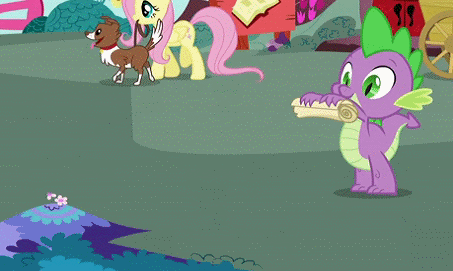 Size: 453x271 | Tagged: safe, edit, edited screencap, screencap, character:fluttershy, character:spike, character:winona, episode:spike at your service, g4, my little pony: friendship is magic, animated, cart, didn't read, golden oaks library, image macro, library, reaction image, scroll, tl;dr