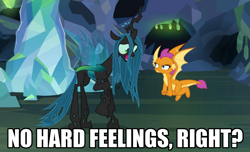Size: 933x567 | Tagged: safe, edit, edited screencap, screencap, character:ocellus, character:queen chrysalis, character:smolder, species:changedling, species:changeling, species:pony, species:reformed changeling, episode:what lies beneath, g4, my little pony: friendship is magic, adorkable, angry, anxiety, awkward, bad poker face, caption, changeling queen, cropped, cute, cutealis, dialogue, diaocelles, disguise, disguised changeling, dork, dorkalis, duo, faec, fangs, fear, female, flying, frown, giggling, image macro, imminent death, implied chrysalis, intimidating, laughing, mare, menacing, nervous, nervous grin, nervous laugh, nightmare cave, open mouth, raised hoof, scared, shrunken pupils, silly, silly pony, size difference, smiling, smolder is not amused, spread wings, standing, text, the implications are horrible, this will end in death, this will end in pain, this will end in tears, this will end in tears and/or death, what if, wide eyes, wings, worried