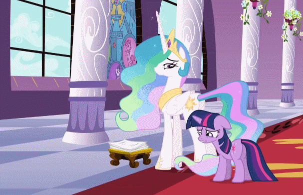Size: 607x390 | Tagged: safe, edit, edited screencap, screencap, character:princess celestia, character:twilight sparkle, character:twilight sparkle (unicorn), species:alicorn, species:pony, species:unicorn, episode:the crystal empire, g4, my little pony: friendship is magic, animated, butt touch, female, mare, push, pushing, rump push, sliding