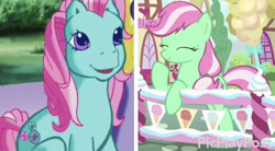 Size: 1142x632 | Tagged: safe, edit, edited screencap, screencap, character:minty, species:earth pony, species:pony, episode:sundae sundae sundae, g3, g4, spoiler:interseason shorts, comparison, cropped, female, fence, g3 to g4, generation leap, mare