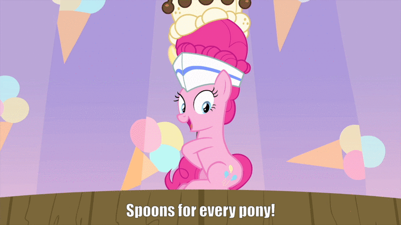 Size: 800x450 | Tagged: safe, edit, edited screencap, screencap, character:pinkie pie, species:earth pony, species:pony, episode:sundae sundae sundae, spoiler:interseason shorts, animated, clothing, curtains, female, hat, mare, oprah, solo, spoon, stage, text, throwing