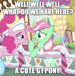 Size: 500x508 | Tagged: safe, edit, edited screencap, screencap, character:minty, character:pinkie pie, species:earth pony, species:pony, episode:sundae sundae sundae, g3, g4, spoiler:interseason shorts, caption, clothing, cropped, female, fence, food, g3 to g4, generation leap, hat, ice cream, image macro, impact font, lesbian, mare, meme, mintypie, op is wrong, ponyville, shipping, sundae, text, wrong, wrong generation, you had one job