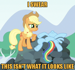 Size: 500x463 | Tagged: safe, edit, edited screencap, screencap, character:applejack, character:rainbow dash, species:earth pony, species:pony, episode:spike at your service, g4, my little pony: friendship is magic, female, image macro, mare, on back, out of context