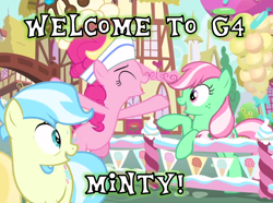 Size: 976x728 | Tagged: safe, edit, edited screencap, screencap, character:minty, character:pinkie pie, species:earth pony, species:pony, episode:sundae sundae sundae, g3, spoiler:interseason shorts, clothing, cropped, female, food, freckles, g3 to g4, generation leap, hat, ice cream, mare, ponyville, sweat, text