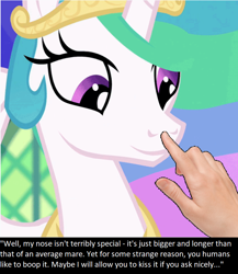 Size: 752x868 | Tagged: safe, edit, edited screencap, screencap, character:princess celestia, oc, oc:anon, species:alicorn, species:human, species:pony, episode:celestial advice, g4, my little pony: friendship is magic, boop, boop edit, bronybait, caption, cropped, cute, disembodied hand, hand, happy, looking at something, meta
