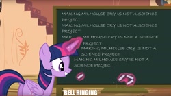 Size: 1920x1079 | Tagged: safe, edit, edited screencap, screencap, character:twilight sparkle, character:twilight sparkle (alicorn), species:alicorn, species:pony, episode:testing testing 1-2-3, g4, my little pony: friendship is magic, caption, chalk, chalkboard, chalkboard gag, glowing horn, golden oaks library, image macro, impact font, implied crying, implied milhouse, magic, meme, meta, onomatopoeia, stairs, text, the simpsons
