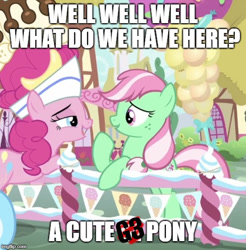 Size: 500x508 | Tagged: safe, edit, edited screencap, screencap, character:minty, character:pinkie pie, species:earth pony, species:pony, episode:sundae sundae sundae, g3, g4, spoiler:interseason shorts, clothing, correction, cropped, female, fence, food, ftfy, g3 to g4, generation leap, hat, ice cream, lesbian, mare, meme, mintypie, ponyville, she knows, shipping, sundae