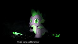 Size: 1920x1080 | Tagged: safe, edit, edited screencap, screencap, character:spike, species:dragon, spoiler:s09, caption, darkness, egyptian, fire, green fire, male, meme, winged spike, youtube caption