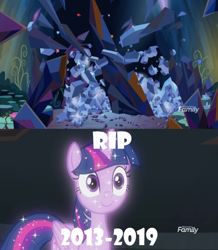 Size: 628x720 | Tagged: safe, edit, edited screencap, screencap, character:tree of harmony, character:treelight sparkle, character:twilight sparkle, species:alicorn, species:pony, episode:the beginning of the end, episode:what lies beneath, g4, my little pony: friendship is magic, c:, crystal, dark crystal, destruction, f, female, hilarious in hindsight, implied twilight sparkle, mare, meme, press f to pay respects, rest in peace, shattered, smiling, sparkles, text, tree of harmony, treelight sparkle, wide eyes