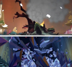 Size: 1173x1100 | Tagged: safe, edit, edited screencap, screencap, character:tree of harmony, species:pony, episode:the beginning of the end, episode:twilight's kingdom, g4, my little pony: friendship is magic, comparison, crystal, dark crystal, f, golden oaks library, my little pony, needs more jpeg, press f to pay respects, rest in peace, shattered, smoke, tree, tree of harmony