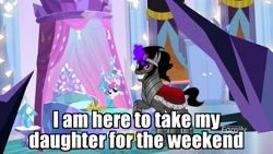 Size: 1280x720 | Tagged: safe, edit, edited screencap, screencap, character:king sombra, character:princess flurry heart, species:alicorn, species:pony, species:unicorn, episode:the beginning of the end, g4, my little pony: friendship is magic, caption, crystal, daddy sombra, dark crystal, dark magic, father and daughter, female, filly, foal, image macro, implied infidelity, levitation, magic, male, stallion, telekinesis, text