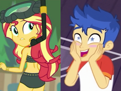 Size: 1360x1024 | Tagged: safe, edit, screencap, character:flash sentry, character:sunset shimmer, ship:flashimmer, episode:unsolved selfie mysteries, equestria girls:spring breakdown, g4, my little pony: equestria girls, my little pony:equestria girls, spoiler:eqg series (season 2), ass, bunset shimmer, butt, female, male, reaction, shipping, starry eyes, straight, wingding eyes