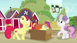 Size: 1280x720 | Tagged: safe, edit, edited screencap, screencap, character:apple bloom, character:scootaloo, character:sweetie belle, species:pegasus, species:pony, episode:hard to say anything, g4, my little pony: friendship is magic, apple, apple tree, box, clothing, costume, cutie mark crusaders, dressup, female, filly, food, glasses, glowing horn, hat, hay bale, leaning, magic, pirate hat, ponytaur, sweet apple acres, tree