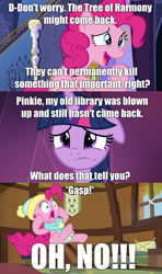Size: 1280x2160 | Tagged: safe, edit, edited screencap, screencap, character:pinkie pie, character:twilight sparkle, character:twilight sparkle (alicorn), species:alicorn, species:earth pony, species:pony, episode:best gift ever, episode:the beginning of the end, g4, my little pony: friendship is magic, spoiler:s09, caption, clothing, comic, floppy ears, hat, image macro, impact font, implied tree of harmony, it could happen, major spoilers, scarf, screencap comic, text