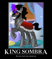 Size: 576x651 | Tagged: safe, edit, edited screencap, screencap, character:king sombra, species:pony, species:unicorn, episode:the beginning of the end, g4, my little pony: friendship is magic, cropped, dark magic, evil grin, fangs, grin, magic, male, meme, motivational poster, raised hoof, smiling, solo, sombra eyes, stallion