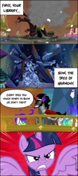 Size: 604x1357 | Tagged: safe, edit, edited screencap, screencap, character:king sombra, character:tree of harmony, character:twilight sparkle, character:twilight sparkle (alicorn), species:alicorn, species:pony, species:unicorn, episode:the beginning of the end, episode:the crystal empire, episode:twilight's kingdom, g4, my little pony: friendship is magic, angry, comic, crystal castle, crystal empire, dark crystal, destroyed, evil grin, female, fire, gloating, golden oaks library, grin, injustice gods among us, male, mare, screencap comic, smiling, sombra eyes, stallion, superman, the joker, this will end in death, torch, tree of harmony