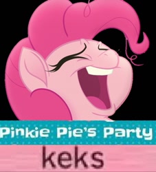 Size: 723x798 | Tagged: safe, edit, edited screencap, screencap, character:pinkie pie, species:earth pony, species:pony, my little pony: the movie (2017), black background, caption, cropped, expand dong, exploitable meme, forty keks, image macro, kek, laughing, meme, simple background, text