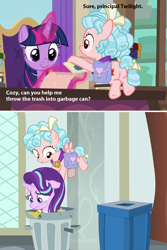 Size: 968x1448 | Tagged: safe, edit, edited screencap, screencap, character:cozy glow, character:starlight glimmer, character:twilight sparkle, species:pegasus, species:pony, episode:school raze, g4, my little pony: friendship is magic, abuse, abuse edit, background pony strikes again, butt, cozy glutes, downvote bait, evil, female, filly, glimmerbuse, op failed at starting shit, op has an opinion, op is a duck, op is trying to start shit, op isn't even trying anymore, plot, trash can
