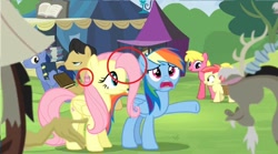 Size: 1024x569 | Tagged: safe, edit, edited screencap, screencap, character:cherry berry, character:discord, character:fluttershy, character:rainbow dash, species:pegasus, species:pony, episode:trade ya, g4, my little pony: friendship is magic, animation error, background characters, background pony, book, discord lamp, female, filly, hoof hold, male, mare, stallion, unamused