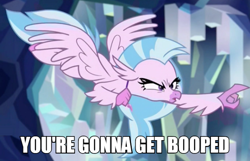 Size: 600x386 | Tagged: safe, edit, edited screencap, screencap, character:silverstream, species:classical hippogriff, species:hippogriff, episode:what lies beneath, g4, my little pony: friendship is magic, angry, beak, caption, eyelashes, female, flying, imminent boop, impact font, incoming boop, narrowed eyes, pointing, school of friendship, solo, spread wings, threat, wings