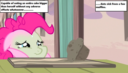 Size: 1258x720 | Tagged: safe, edit, edited screencap, screencap, character:pinkie pie, episode:the cutie map, g4, my little pony: friendship is magic, season 5, cottage, door, female, food, green, muffin, sick, solo, starlight's village, table, text, text box