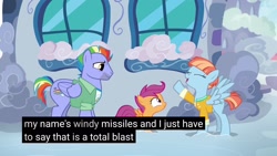 Size: 1920x1080 | Tagged: safe, edit, edited screencap, screencap, character:bow hothoof, character:scootaloo, character:windy whistles, species:pegasus, species:pony, episode:parental glideance, g4, my little pony: friendship is magic, alternate name, caption, grammar error, meme, youtube caption