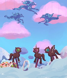 Size: 1929x2249 | Tagged: safe, edit, edited screencap, screencap, species:earth pony, species:pegasus, species:pony, species:unicorn, episode:hearthbreakers, g4, my little pony: friendship is magic, candy, candy cane, cloud, composite screencap, cotton candy, cotton candy cloud, food, panorama, snow, sprinkles, windigo