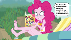 Size: 1280x720 | Tagged: safe, edit, edited screencap, screencap, character:feather bangs, character:pinkie pie, episode:friendship math, g4, my little pony: equestria girls, my little pony:equestria girls, barefoot, beach, beach chair, clothing, cute, dialogue, diapinkes, excited, feet, female, happy, legs, magazine, one-piece swimsuit, soles, solo, speech bubble, swimsuit, text, toes
