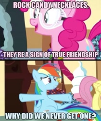 Size: 500x595 | Tagged: safe, edit, edited screencap, screencap, character:fluttershy, character:pinkie pie, character:rainbow dash, species:earth pony, species:pegasus, species:pony, episode:maud pie, g4, my little pony: friendship is magic, caption, comic, confused, female, ice cream cone, image macro, impact font, mare, rock candy, rock candy necklace, safety goggles, screencap comic, smiling, stuffed, tail, text, wings
