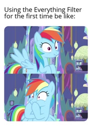 Size: 704x954 | Tagged: safe, edit, edited screencap, screencap, character:rainbow dash, episode:ail-icorn, spoiler:interseason shorts, caption, disgusted, female, image macro, implied vomit, low effort, meme, meta, oh no, omg, shocked, solo, text