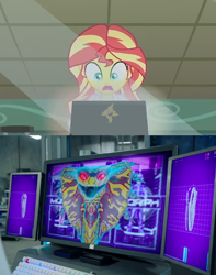 Size: 1014x1289 | Tagged: safe, edit, edited screencap, screencap, character:sunset shimmer, episode:the science of magic, equestria girls:friendship games, g4, my little pony: equestria girls, my little pony:equestria girls, spoilers for another series, computer, evox, female, laptop computer, oh crap face, power rangers, power rangers beast morphers, snake, solo, sunset the science gal